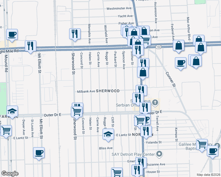 map of restaurants, bars, coffee shops, grocery stores, and more near 20129 Rogge Street in Detroit