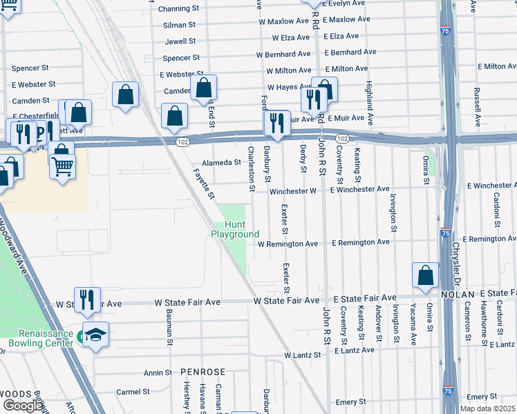 map of restaurants, bars, coffee shops, grocery stores, and more near 20303 Charleston Street in Highland Park
