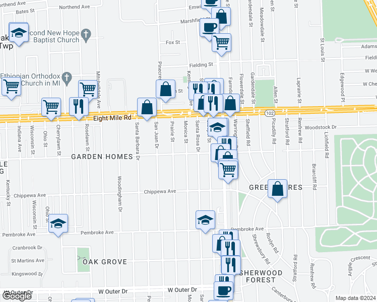 map of restaurants, bars, coffee shops, grocery stores, and more near 20428 Monica Street in Detroit