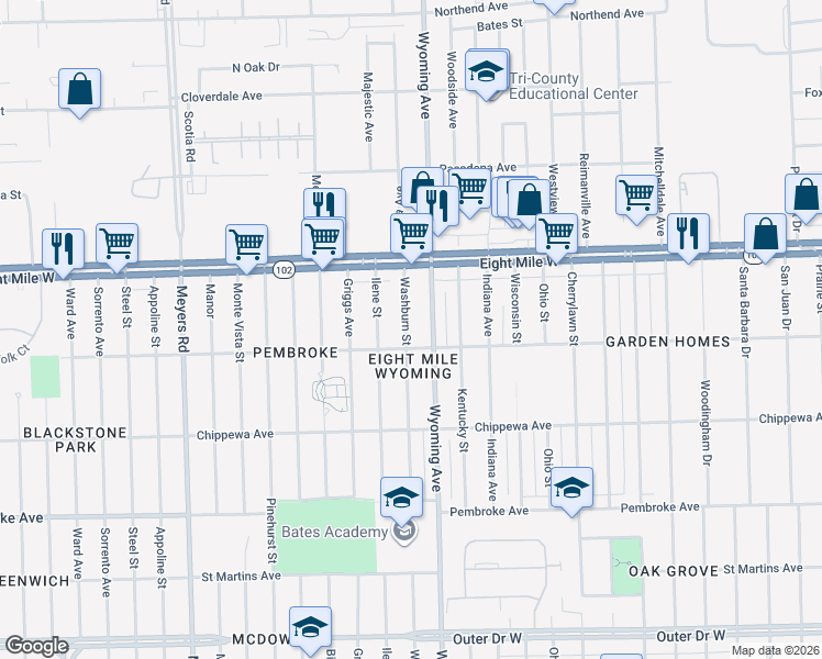 map of restaurants, bars, coffee shops, grocery stores, and more near 20451 Washburn Street in Detroit