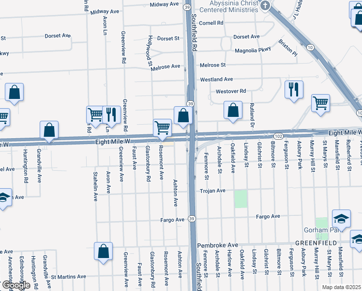 map of restaurants, bars, coffee shops, grocery stores, and more near 18111 Eight Mile Road in Detroit