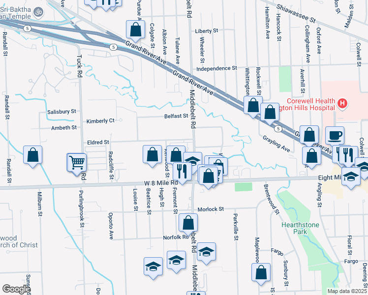 map of restaurants, bars, coffee shops, grocery stores, and more near 21017 Middlebelt Road in Farmington Hills
