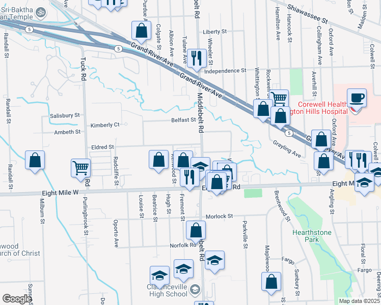 map of restaurants, bars, coffee shops, grocery stores, and more near 21017 Middlebelt Road in Farmington Hills