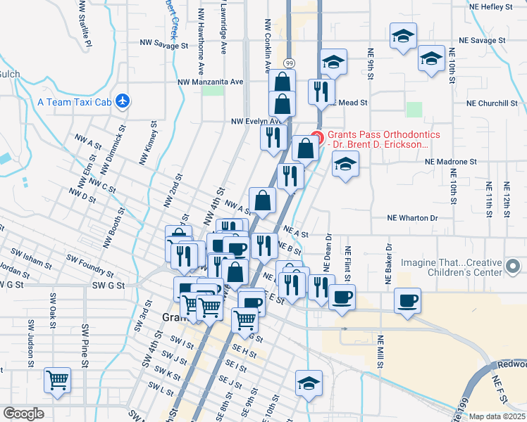 map of restaurants, bars, coffee shops, grocery stores, and more near 713 Northeast 6th Street in Grants Pass