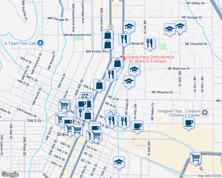 map of restaurants, bars, coffee shops, grocery stores, and more near 729 Northeast 7th Street in Grants Pass