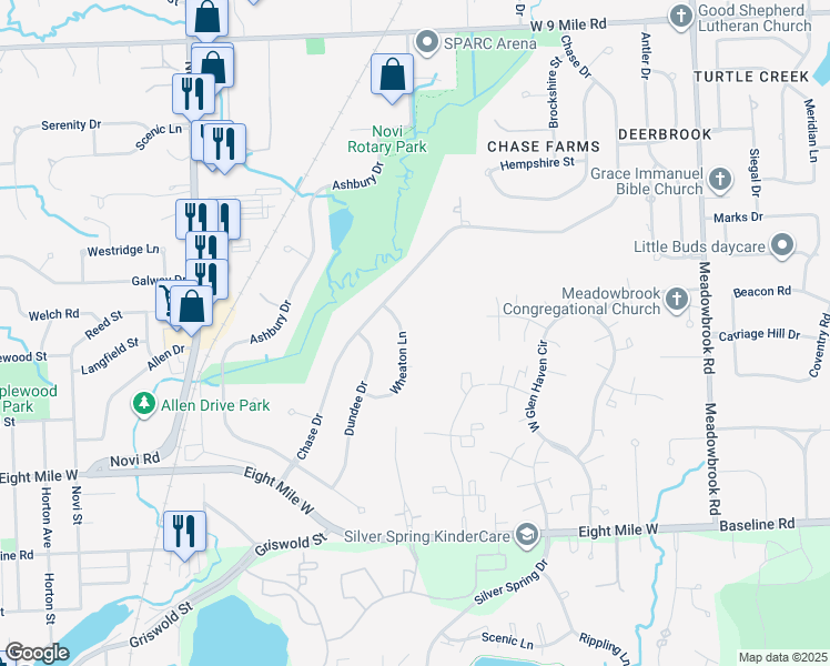 map of restaurants, bars, coffee shops, grocery stores, and more near 21298 Wheaton Lane in Novi