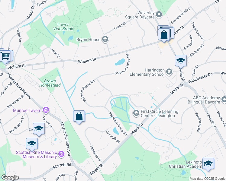 map of restaurants, bars, coffee shops, grocery stores, and more near 1 Joseph Comee Road in Lexington