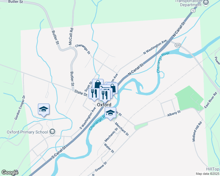 map of restaurants, bars, coffee shops, grocery stores, and more near 18 North Washington Avenue in Oxford