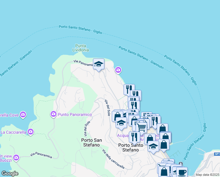 map of restaurants, bars, coffee shops, grocery stores, and more near 301 Via Panoramica in Porto Santo Stefano