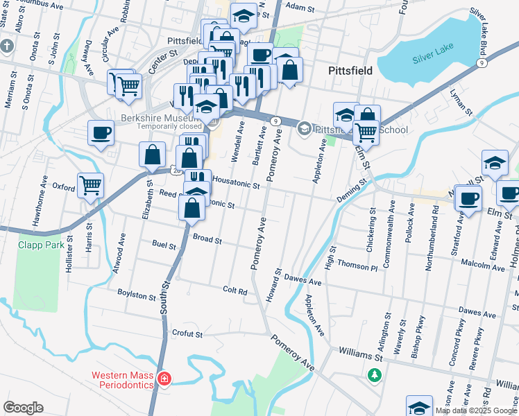 map of restaurants, bars, coffee shops, grocery stores, and more near 75 Taconic Street in Pittsfield