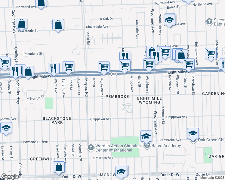 map of restaurants, bars, coffee shops, grocery stores, and more near 20452 Pinehurst Street in Detroit