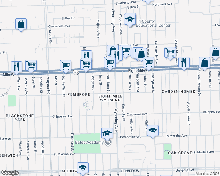 map of restaurants, bars, coffee shops, grocery stores, and more near 20451 Washburn Street in Detroit