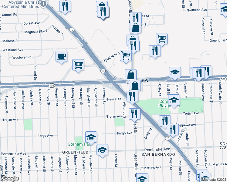 map of restaurants, bars, coffee shops, grocery stores, and more near 10 Motor Drive in Detroit
