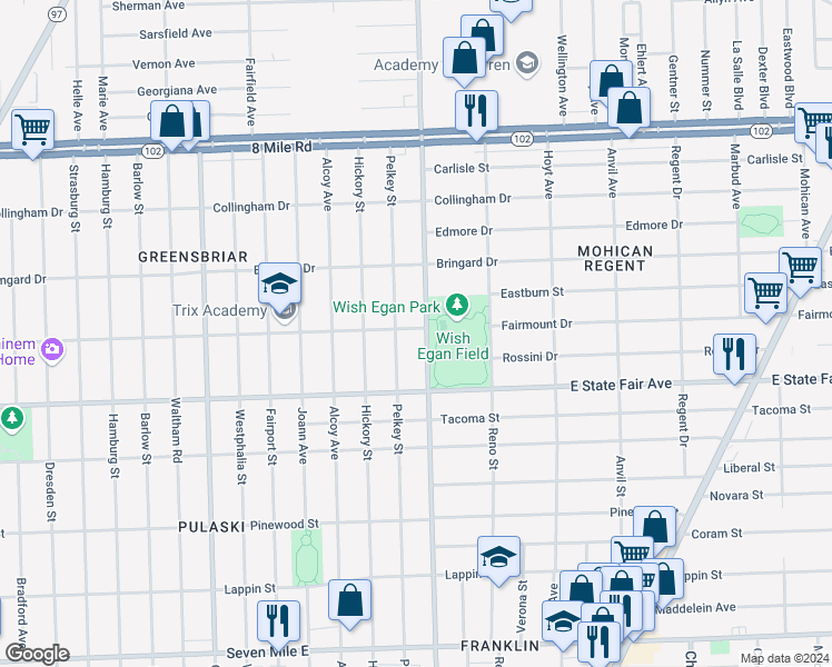 map of restaurants, bars, coffee shops, grocery stores, and more near 19995 Schoenherr Street in Detroit