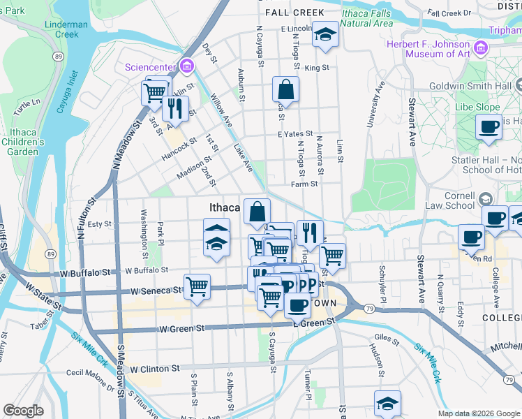 map of restaurants, bars, coffee shops, grocery stores, and more near 416-18 North Cayuga Street in Ithaca