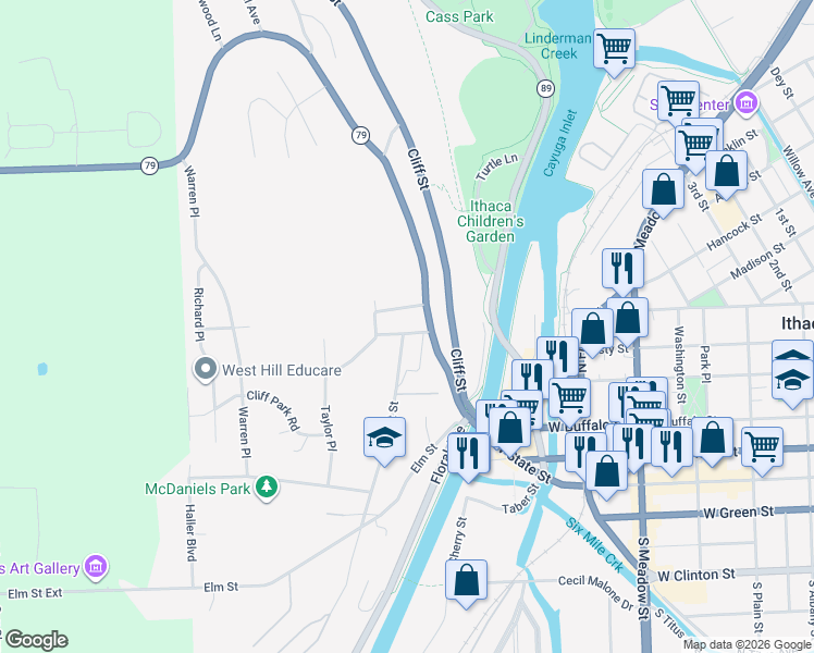 map of restaurants, bars, coffee shops, grocery stores, and more near 105 Hopper Place in Ithaca
