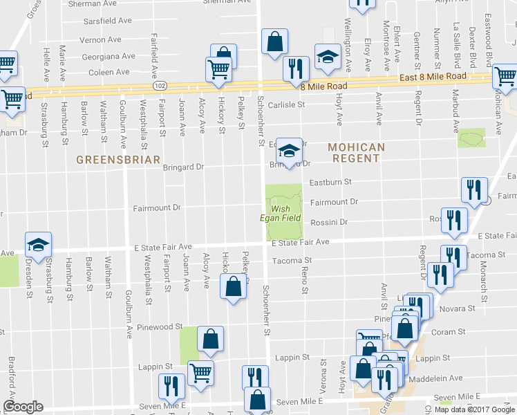 map of restaurants, bars, coffee shops, grocery stores, and more near 19995 Schoenherr Street in Detroit