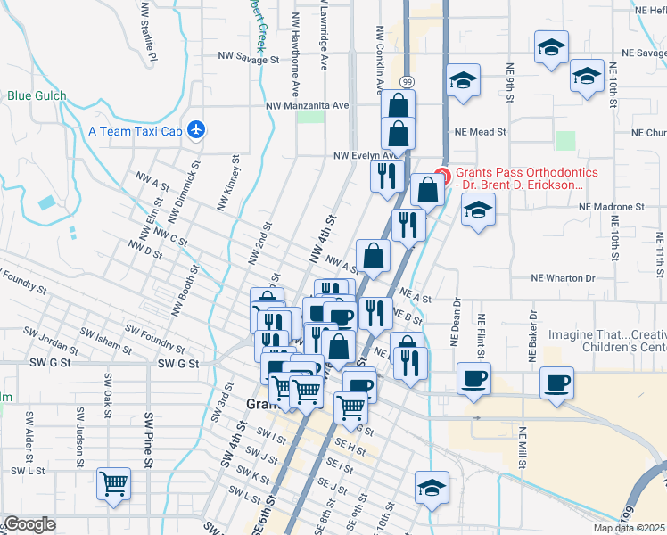 map of restaurants, bars, coffee shops, grocery stores, and more near 612 Northwest 5th Street in Grants Pass