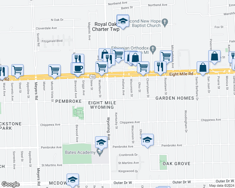 map of restaurants, bars, coffee shops, grocery stores, and more near 20434 Kentucky Street in Detroit
