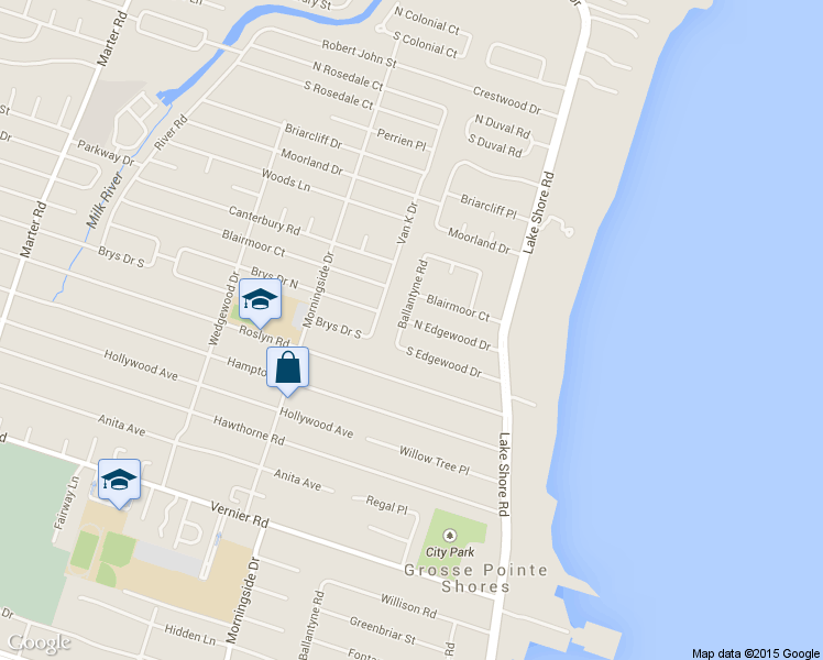 map of restaurants, bars, coffee shops, grocery stores, and more near 85 North Edgewood Drive in Grosse Pointe Shores