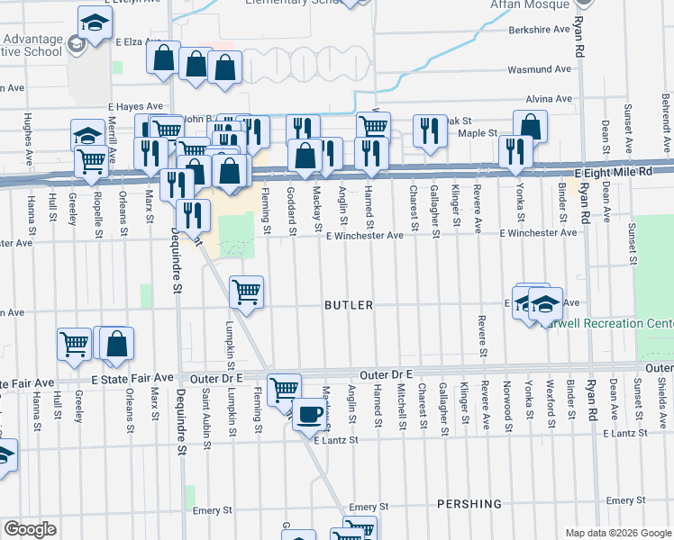 map of restaurants, bars, coffee shops, grocery stores, and more near 20190 Mackay Street in Detroit