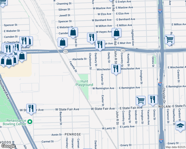 map of restaurants, bars, coffee shops, grocery stores, and more near 20303 Charleston Street in Highland Park