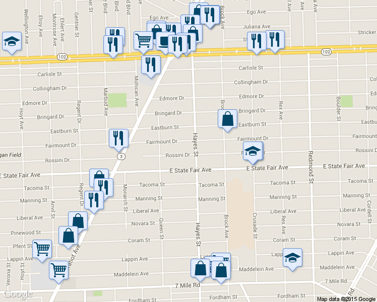 map of restaurants, bars, coffee shops, grocery stores, and more near 15027 Rossini Drive in Detroit