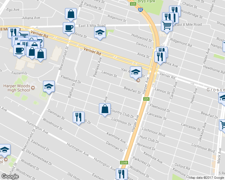 map of restaurants, bars, coffee shops, grocery stores, and more near 20419 Fleetwood Drive in Harper Woods