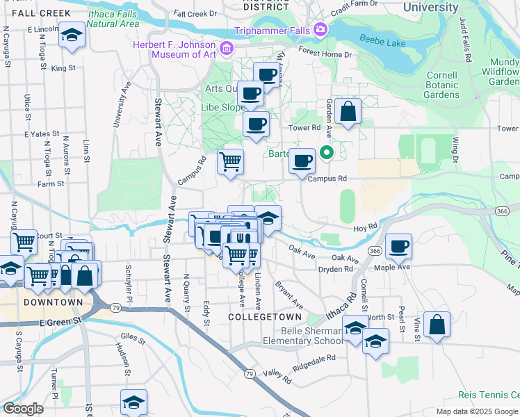 map of restaurants, bars, coffee shops, grocery stores, and more near 313 Campus Road in Ithaca