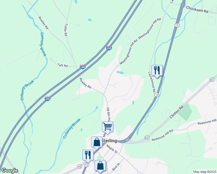 map of restaurants, bars, coffee shops, grocery stores, and more near 41 Meetinghouse Hill Road in Sterling