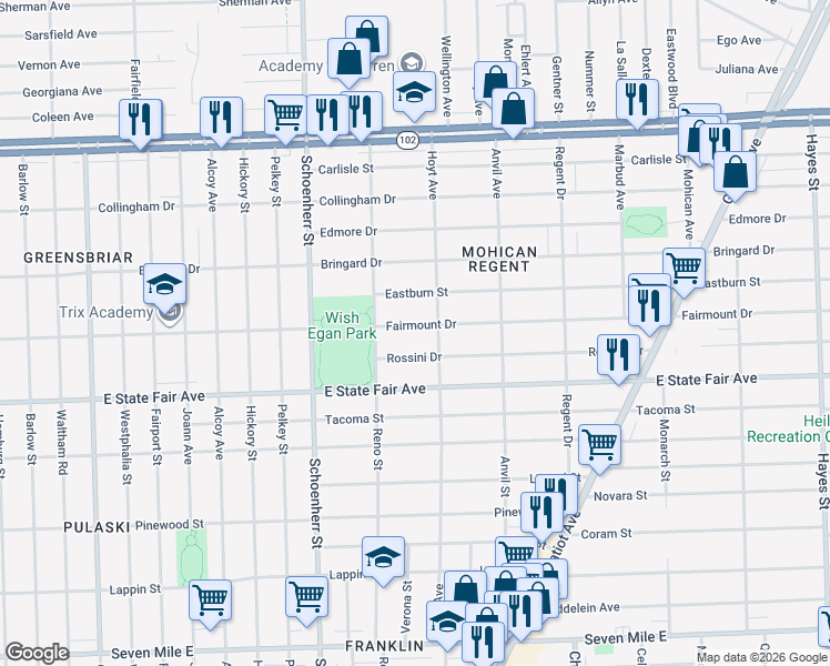 map of restaurants, bars, coffee shops, grocery stores, and more near 13874 Fairmount Drive in Detroit