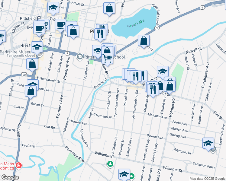 map of restaurants, bars, coffee shops, grocery stores, and more near 39 Massachusetts Avenue in Pittsfield