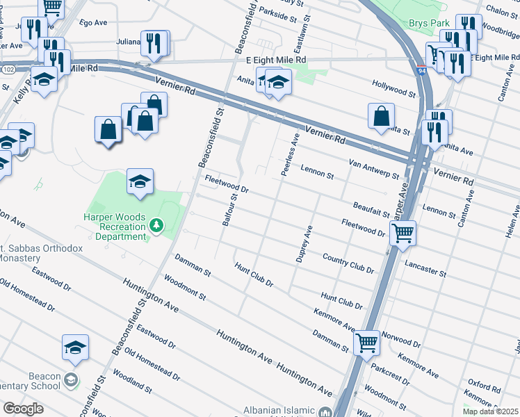 map of restaurants, bars, coffee shops, grocery stores, and more near 19983 Lancaster Street in Harper Woods