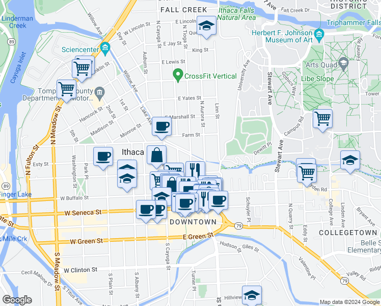 map of restaurants, bars, coffee shops, grocery stores, and more near North Tioga Street & Cascadilla Avenue in Ithaca
