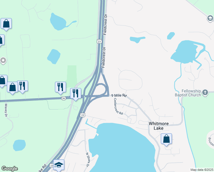 map of restaurants, bars, coffee shops, grocery stores, and more near Michigan 36 in Whitmore Lake