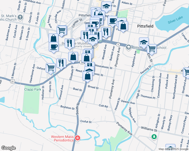 map of restaurants, bars, coffee shops, grocery stores, and more near 16 Taconic Street in Pittsfield