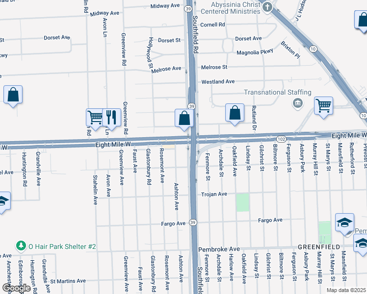 map of restaurants, bars, coffee shops, grocery stores, and more near 18111 Eight Mile Road in Detroit