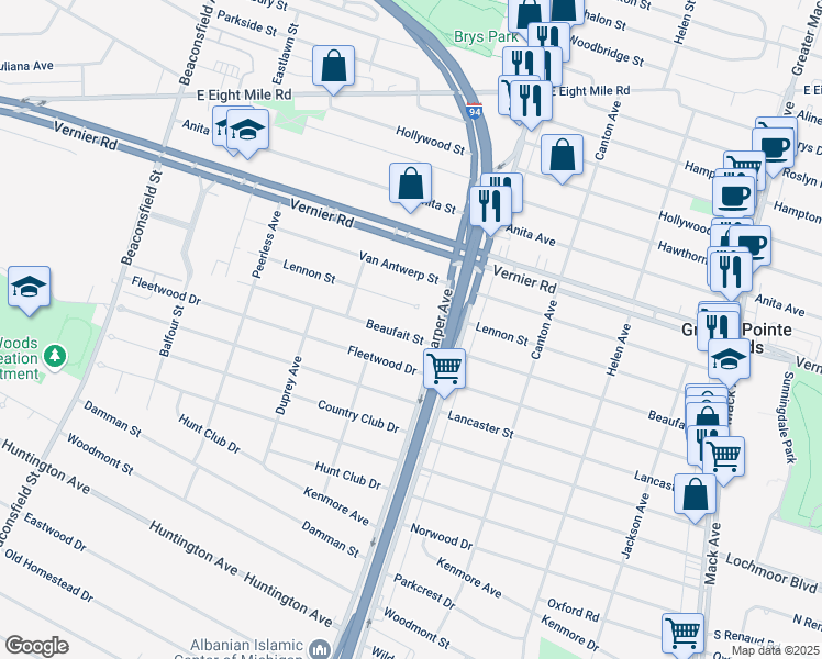 map of restaurants, bars, coffee shops, grocery stores, and more near 20665 Beaufait Street in Harper Woods