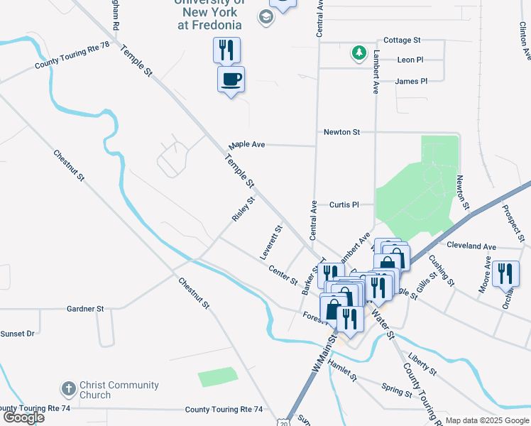 map of restaurants, bars, coffee shops, grocery stores, and more near 12 Risley Street in Fredonia