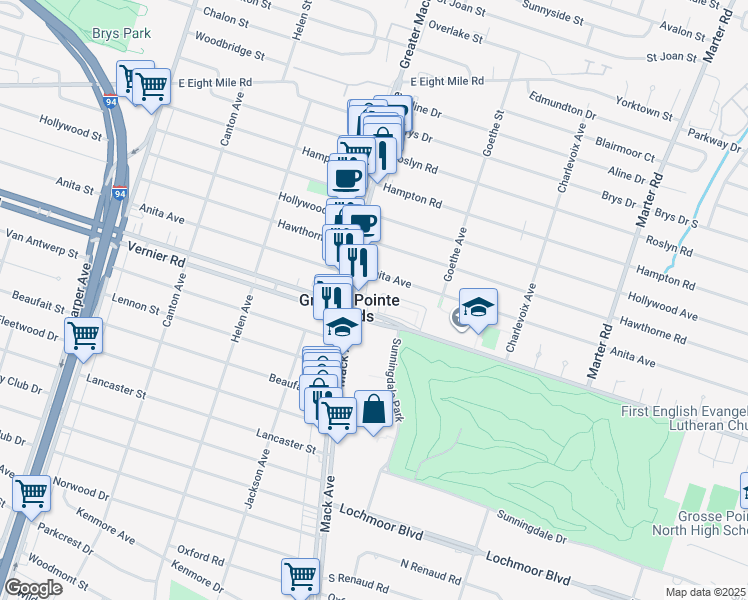 map of restaurants, bars, coffee shops, grocery stores, and more near in Grosse Pointe Woods