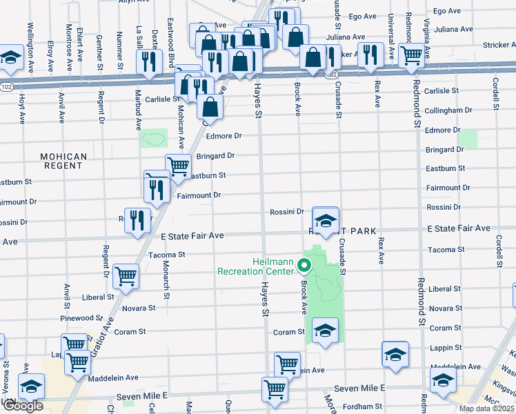 map of restaurants, bars, coffee shops, grocery stores, and more near 15027 Rossini Drive in Detroit