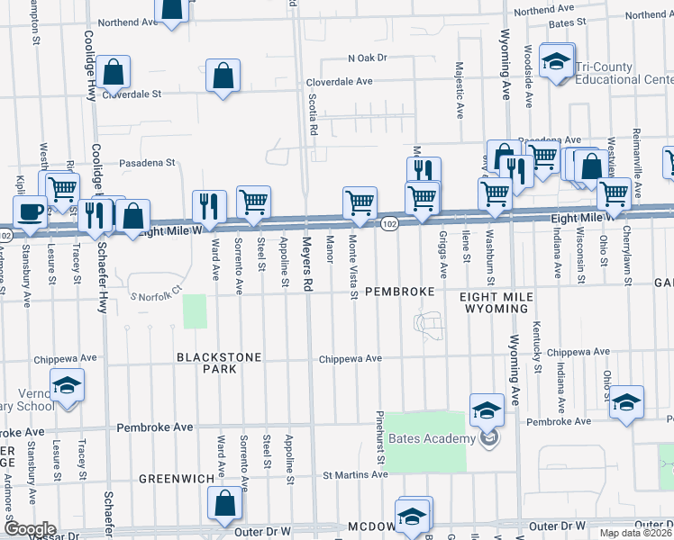 map of restaurants, bars, coffee shops, grocery stores, and more near 20461 Manor Street in Detroit