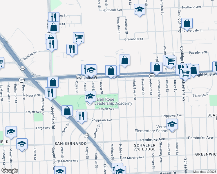 map of restaurants, bars, coffee shops, grocery stores, and more near 14649 Eight Mile Road in Detroit