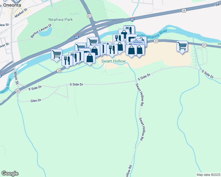 map of restaurants, bars, coffee shops, grocery stores, and more near 246 South Side Drive in Oneonta