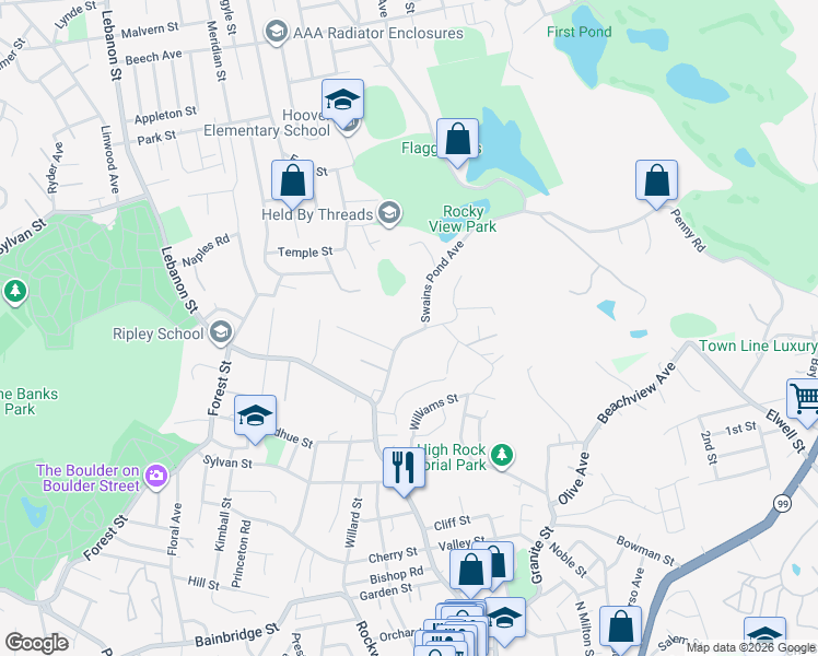 map of restaurants, bars, coffee shops, grocery stores, and more near 42 Swains Pond Avenue in Melrose