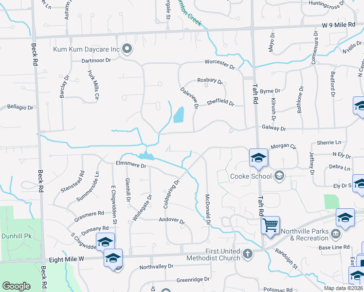 map of restaurants, bars, coffee shops, grocery stores, and more near 912 Millpond Court in Northville
