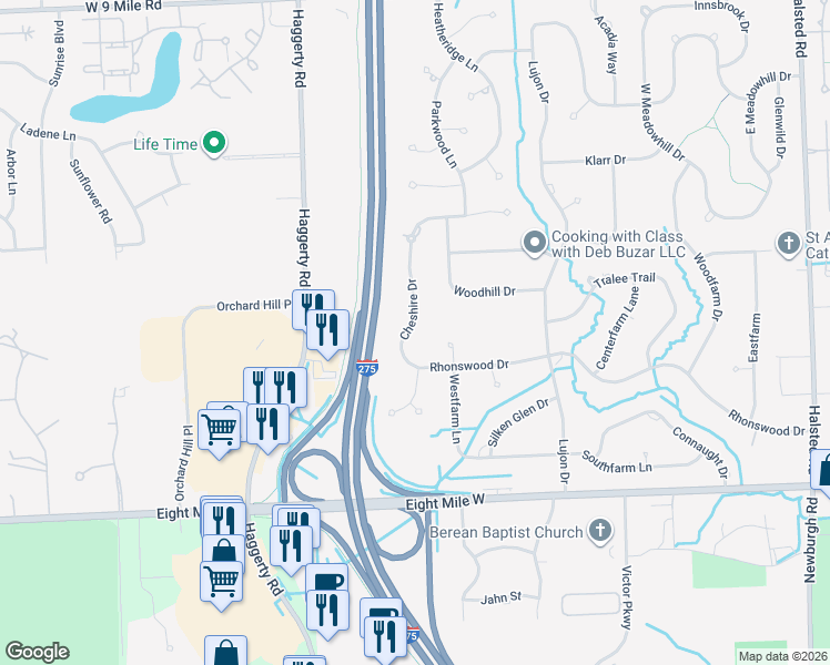 map of restaurants, bars, coffee shops, grocery stores, and more near 39067 Cheshire Drive in Northville
