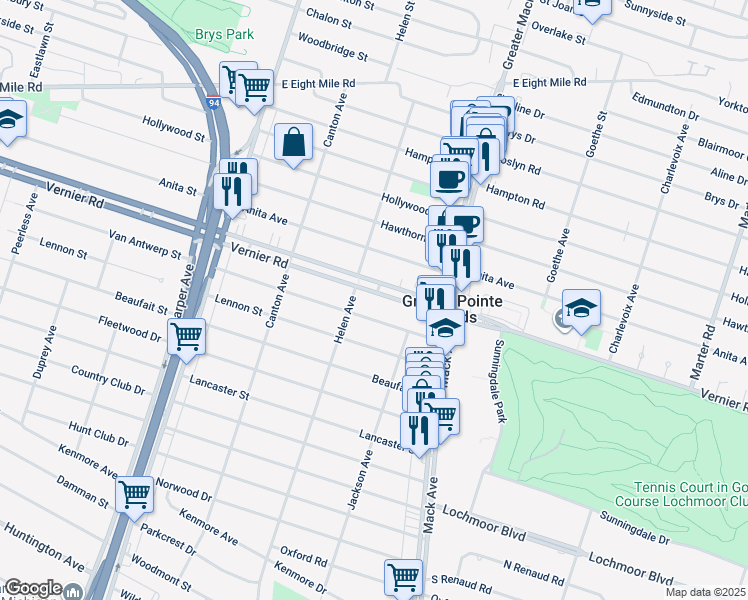 map of restaurants, bars, coffee shops, grocery stores, and more near 2017 Vernier Road in Grosse Pointe Woods