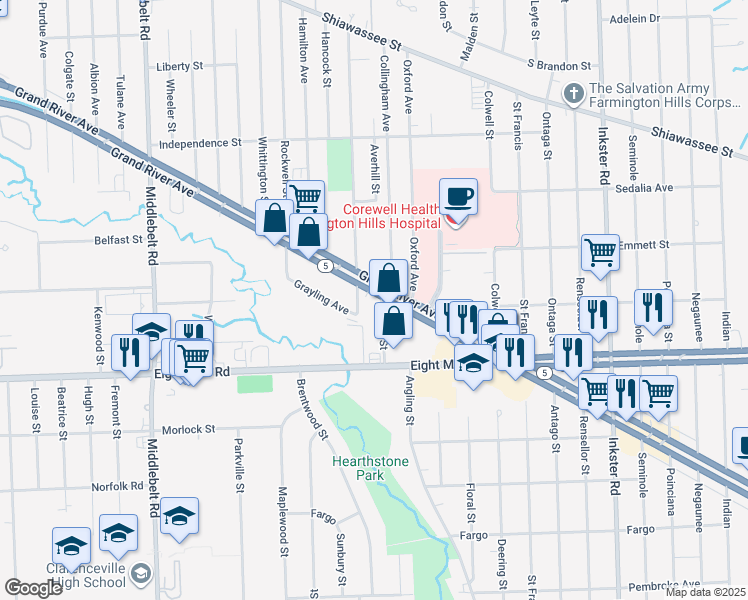 map of restaurants, bars, coffee shops, grocery stores, and more near 29709 Grand River Avenue in Farmington Hills