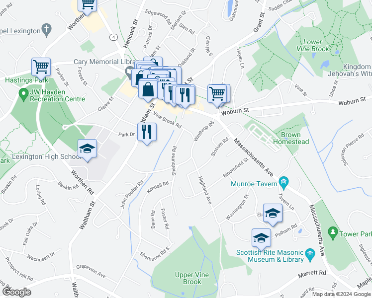 map of restaurants, bars, coffee shops, grocery stores, and more near 17 Winthrop Road in Lexington